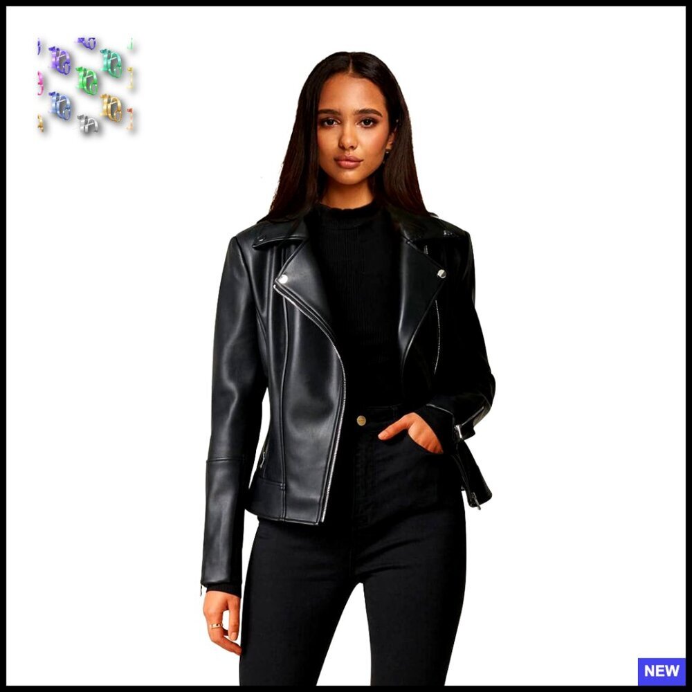 Faux Leather Motorcycle Jacket Slim Fit Classic Biker Style Long Sleeve